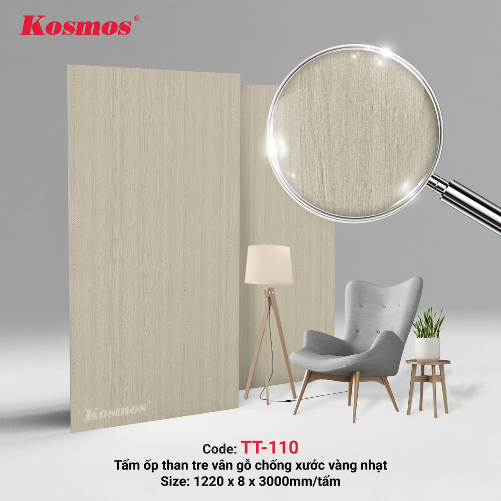 Tấm ốp than tre TT-110 vân gỗ chống xước vàng nhạt 