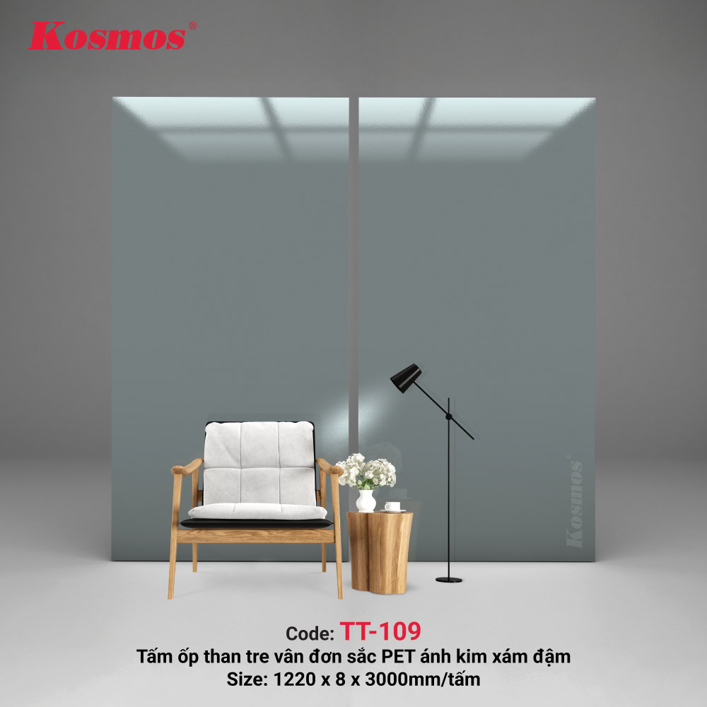 Tấm ốp than tre vân đơn sắc PET màu ánh kim xám đậm của Kosmos
