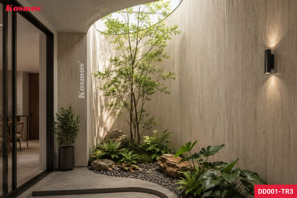 Tấm ốp Travertine Romano vàng nâu ứng dụng không gian giếng trời