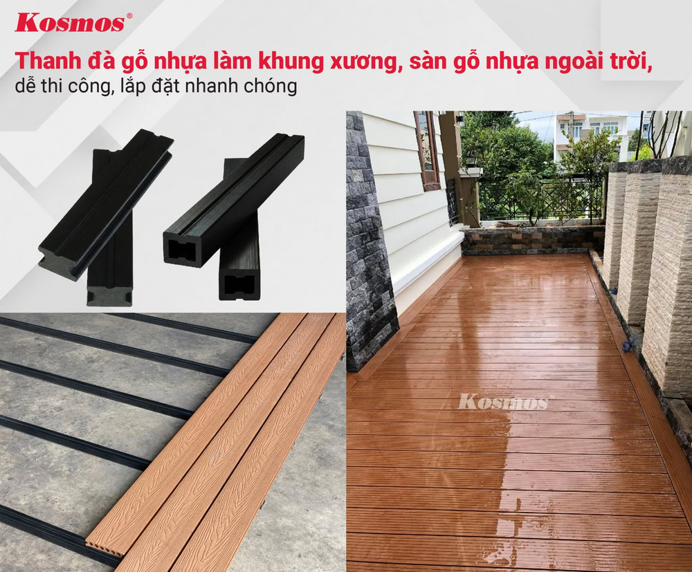 Thanh đà gỗ nhựa làm khung xương sàn gỗ nhựa ngoài trời, dễ thi công, lắp đặt nhanh chóng