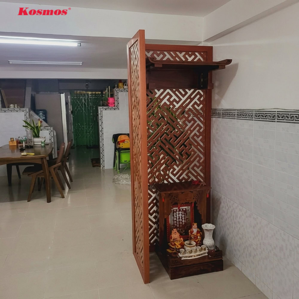 Thiết kế vách ngăn bàn thờ Thần Tài kết hợp kệ