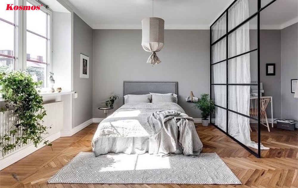 Thiết kế vách ngăn phòng ngủ bằng nhôm kính chia đố