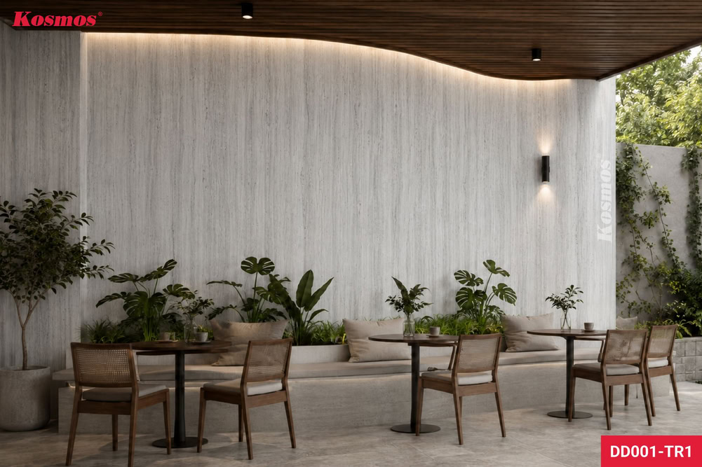 Thiết kế vách tường bo cong ốp tấm Travertine Romano xám