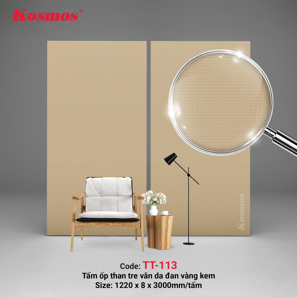 TT-113 là tấm ốp than tre vân da đan vàng kem Kosmos
