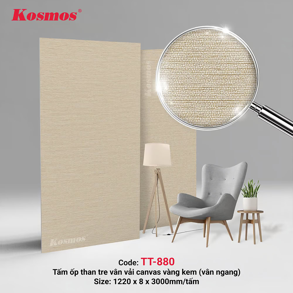 TT-880 là tấm ốp than tre vân vải canvas vàng kem vân ngang Kosmos