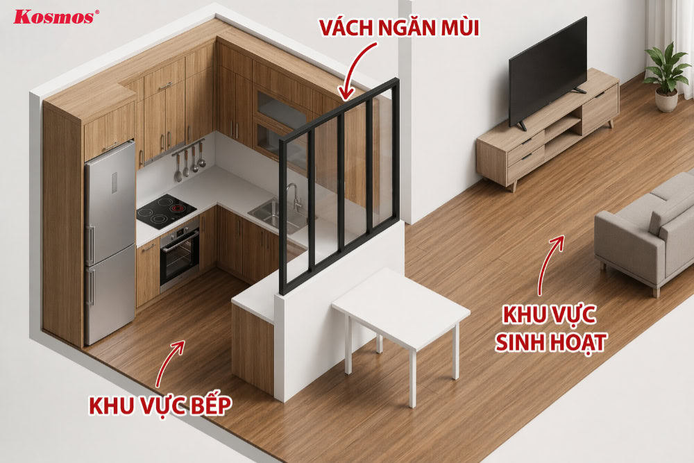 Vách ngăn mùi phòng bếp giúp khu vực sinh hoạt chung luôn thông thoáng, sạch sẽ
