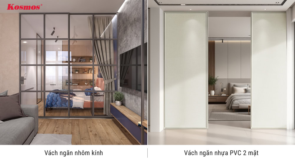 Vách ngăn nhôm kính và vách ngăn nhựa PVC 2 mặt phòng ngủ Vách ngăn nhôm kính và vách ngăn nhựa PVC 2 mặt phòng ngủ