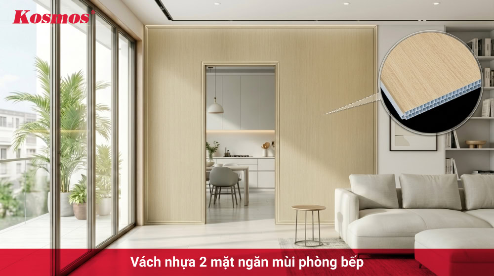 Vách nhựa giả gỗ 2 mặt phân chia bếp và phòng khách