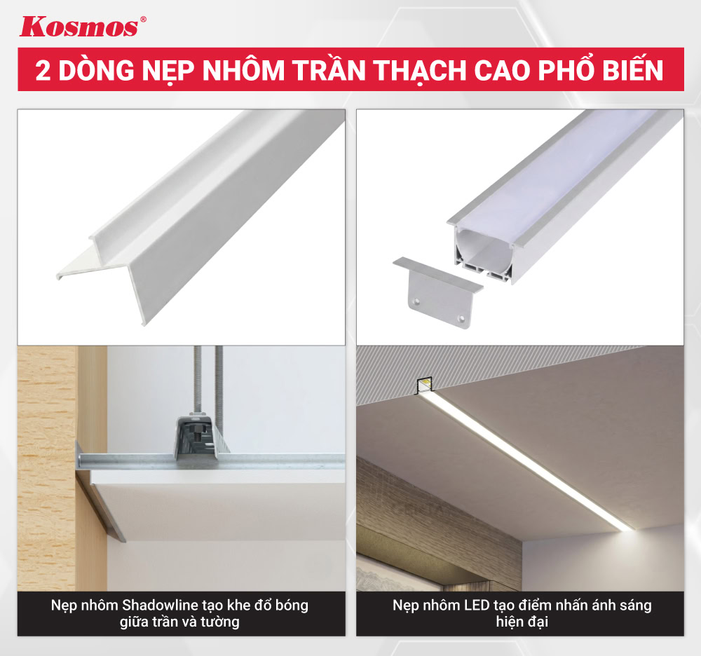 2 dòng nẹp nhôm trang trí trần thạch cao phổ biến