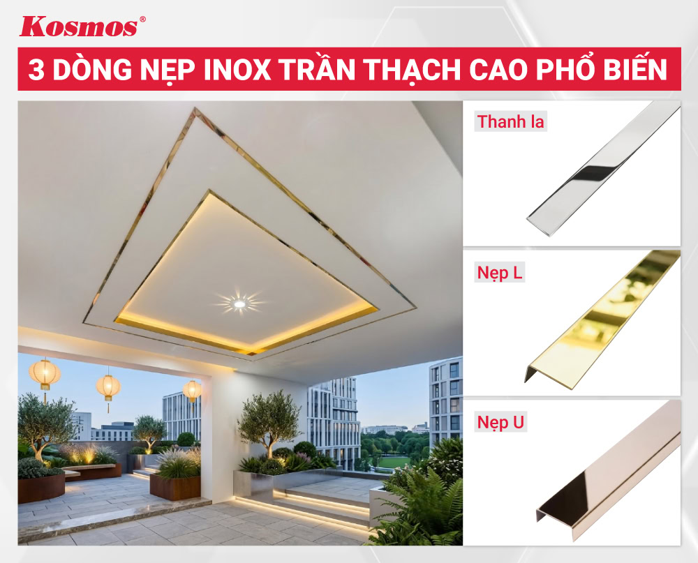 3 dòng nẹp inox trang trí trần thạch cao