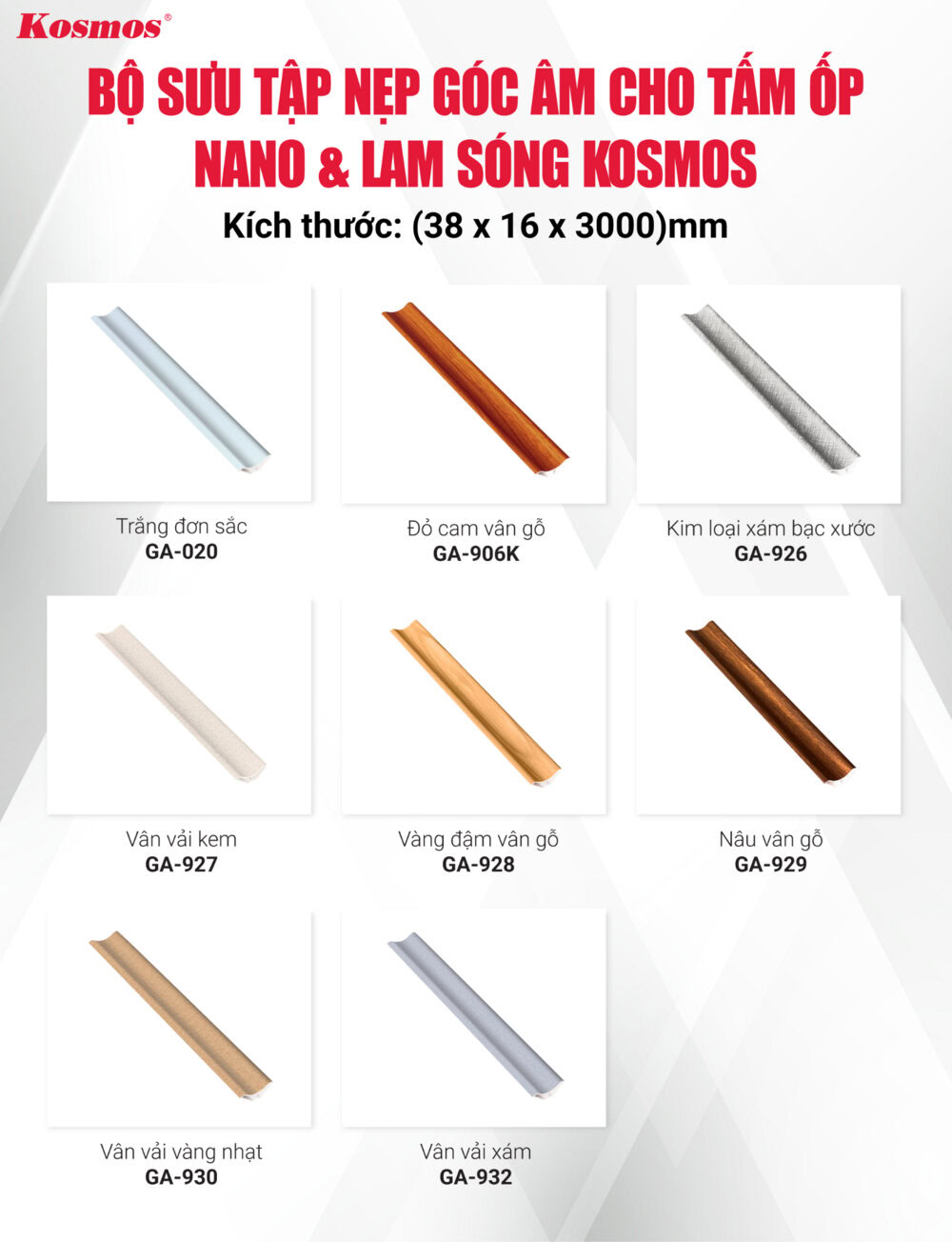 Bộ sưu tập nẹp góc âm cho tấm ốp Nano và lam sóng nhựa Kosmos