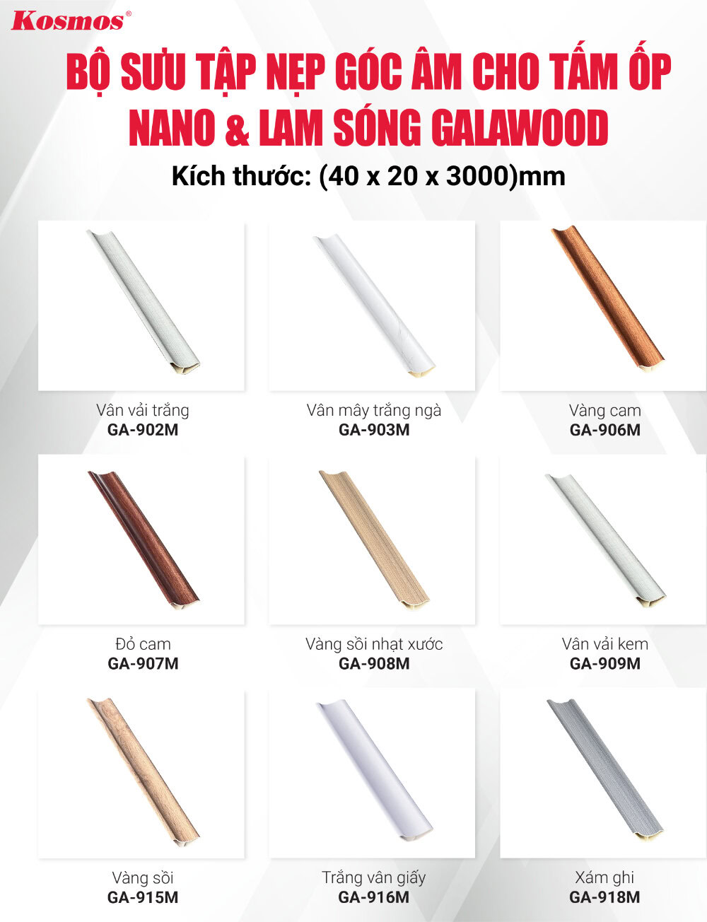 Bộ sưu tập nẹp góc âm cho tấm ốp Nano và lam sóng Galawood nhựa