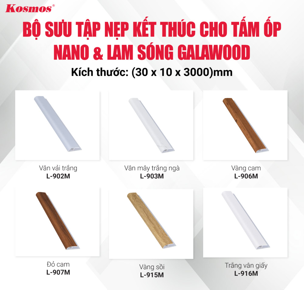 Bộ sưu tập nẹp kết thúc cho tấm ốp Nano và lam sóng nhựa Galawood