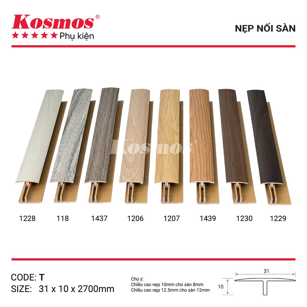 Bộ sưu tập nẹp T nhựa Kosmos nối hai mặt sàn gỗ Bộ sưu tập nẹp T nhựa Kosmos nối hai mặt sàn gỗ