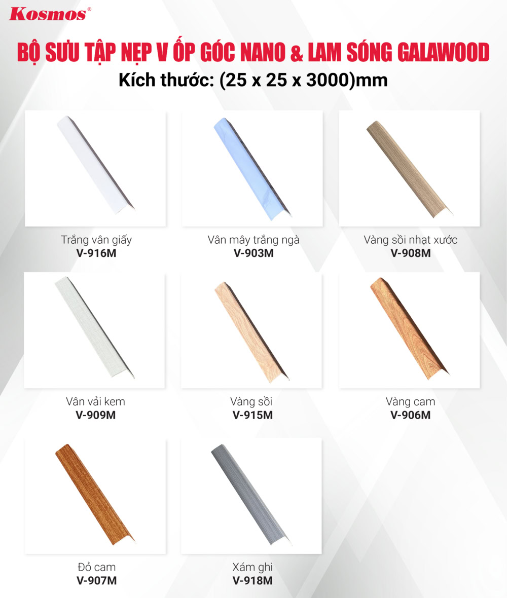 Bộ sưu tập nẹp V cho tấm ốp Nano và lam sóng nhựa Galawood