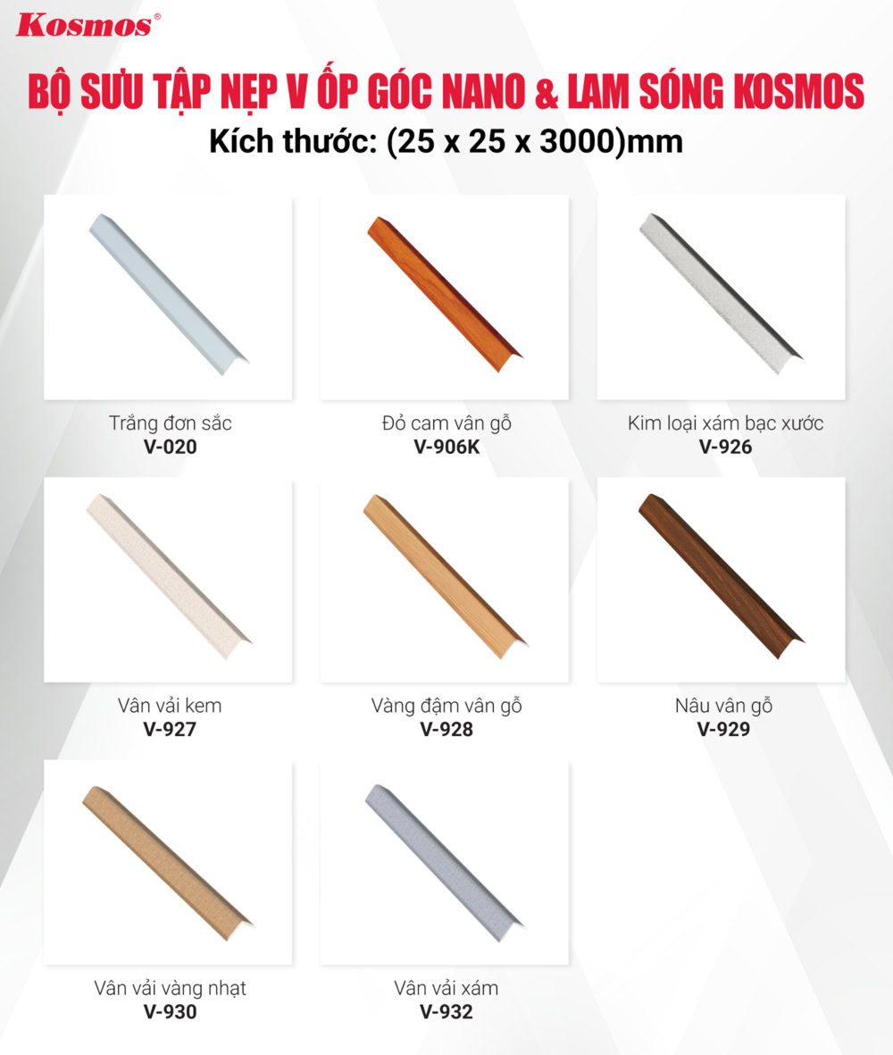 Bộ sưu tập nẹp V cho tấm ốp Nano và lam sóng nhựa Kosmos