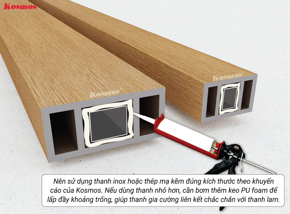 Bơm thêm keo PU foam để lấp đầy khoảng trống giữa lõi và thanh lam