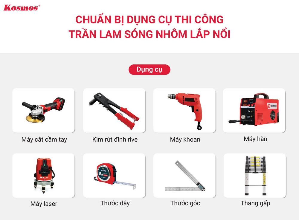 Chuẩn bị dụng cụ thi công ốp trần bằng tấm nhôm lam sóng Chuẩn bị dụng cụ thi công ốp trần bằng tấm nhôm lam sóng