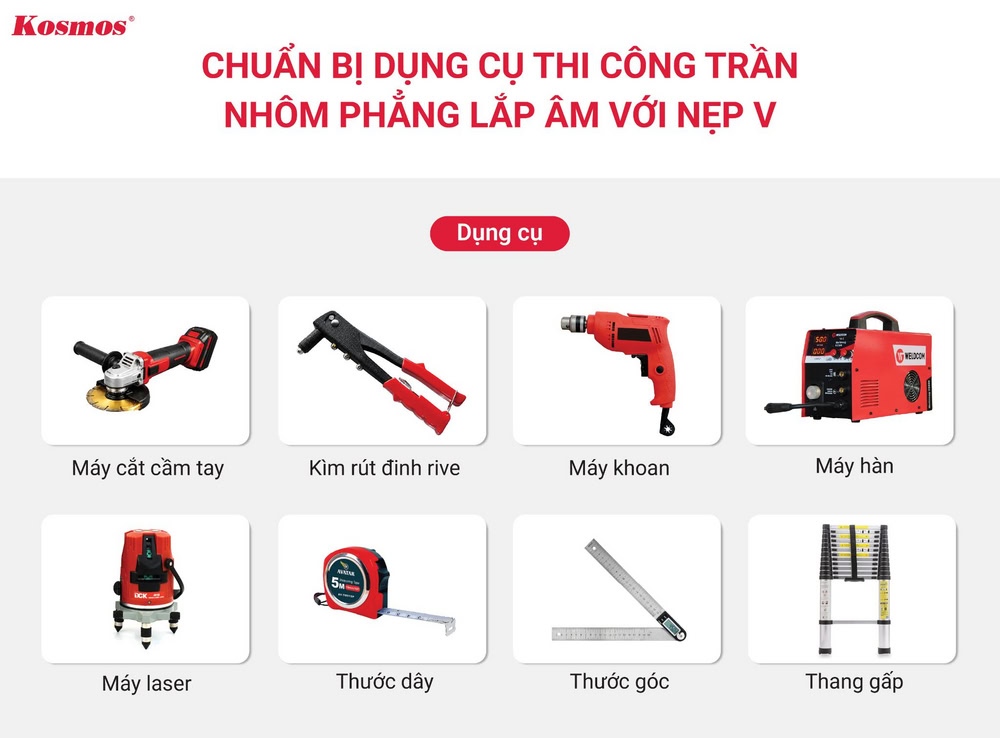 Chuẩn bị dụng cụ thi công ốp trần chìm bằng tấm nhôm phẳng