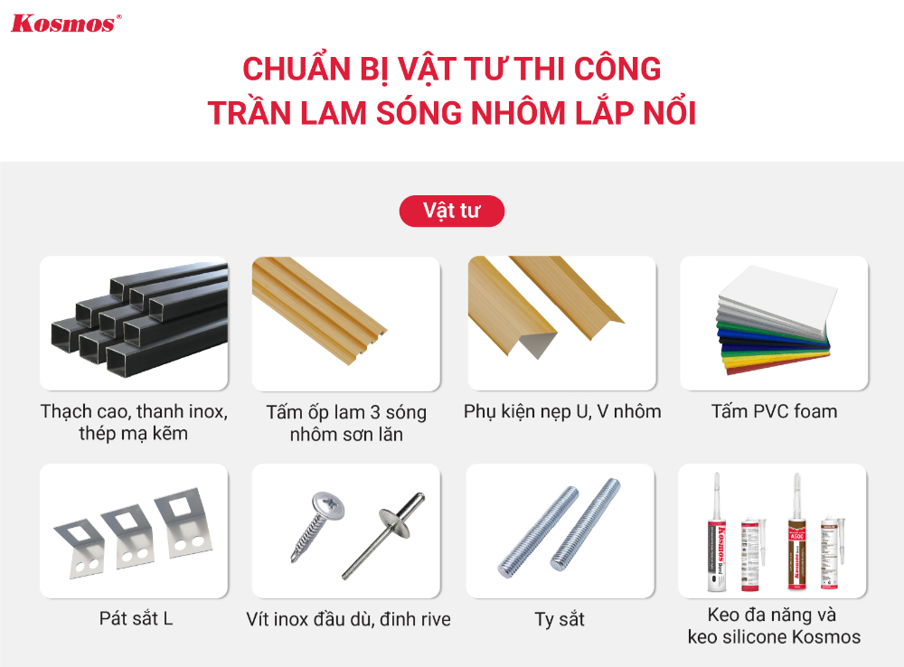 Chuẩn bị vật tư thi công ốp trần bằng tấm nhôm lam sóng nổi Chuẩn bị vật tư thi công ốp trần bằng tấm nhôm lam sóng nổi