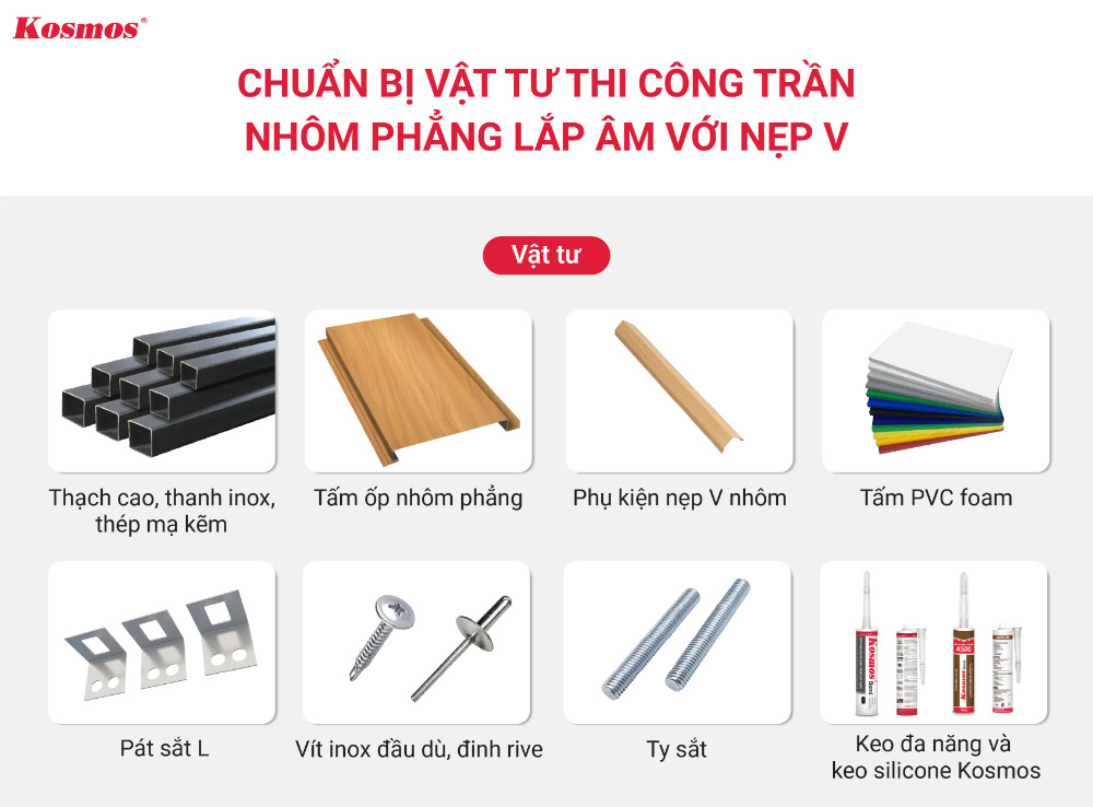 Chuẩn bị vật tư thi công ốp trần chìm bằng tấm nhôm phẳng