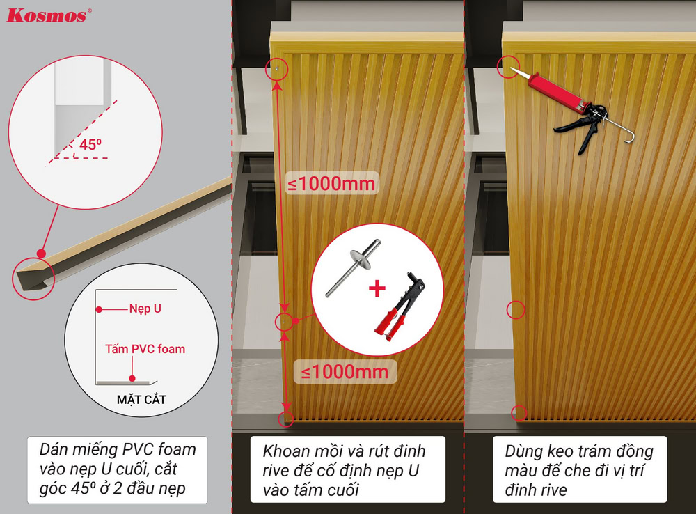 Cố định lại tấm cuối cùng và xử lý che phủ bằng keo đồng màu hệ trần dọc Cố định lại tấm cuối cùng và xử lý che phủ bằng keo đồng màu hệ trần dọc