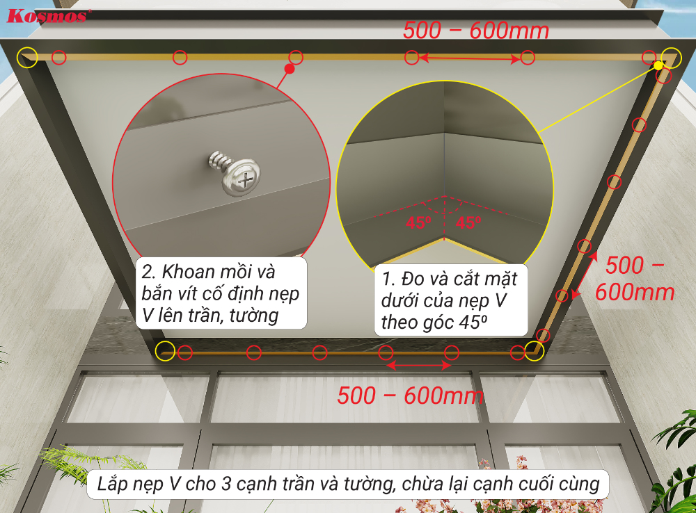 Cố định nẹp V vào 3 cạnh trần để tạo khung bao