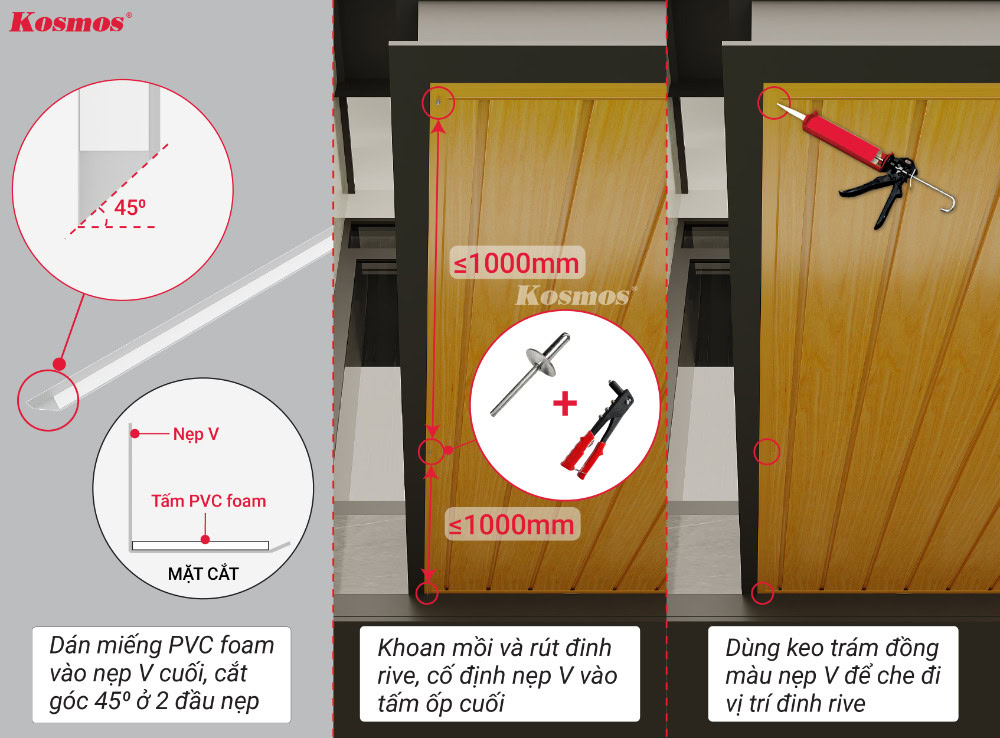 Cố định tấm nhôm cuối cùng vào nẹp V
