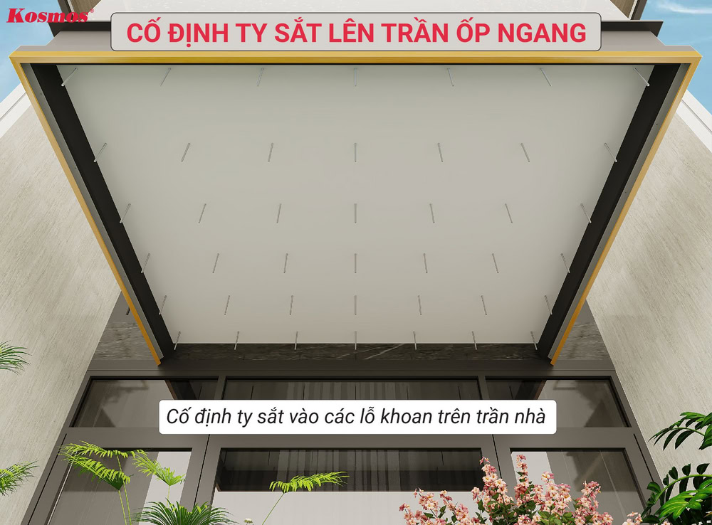 Cố định ty ren vào các lỗ khoan trên trần nhà