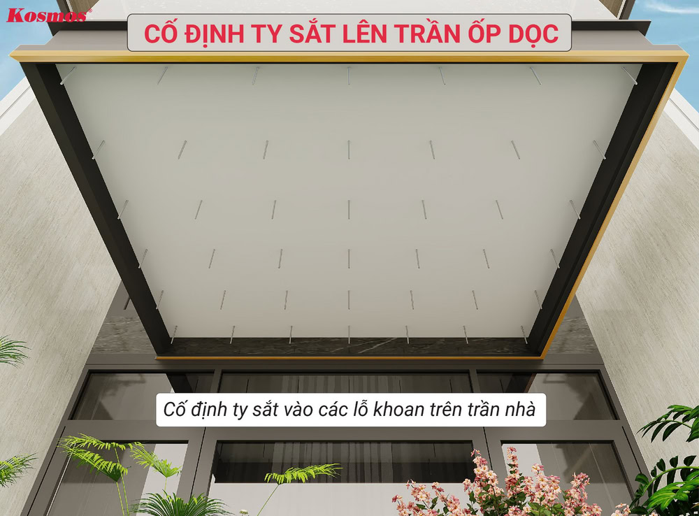 Cố định ty ren vào các lỗ khoan trên trần nhà