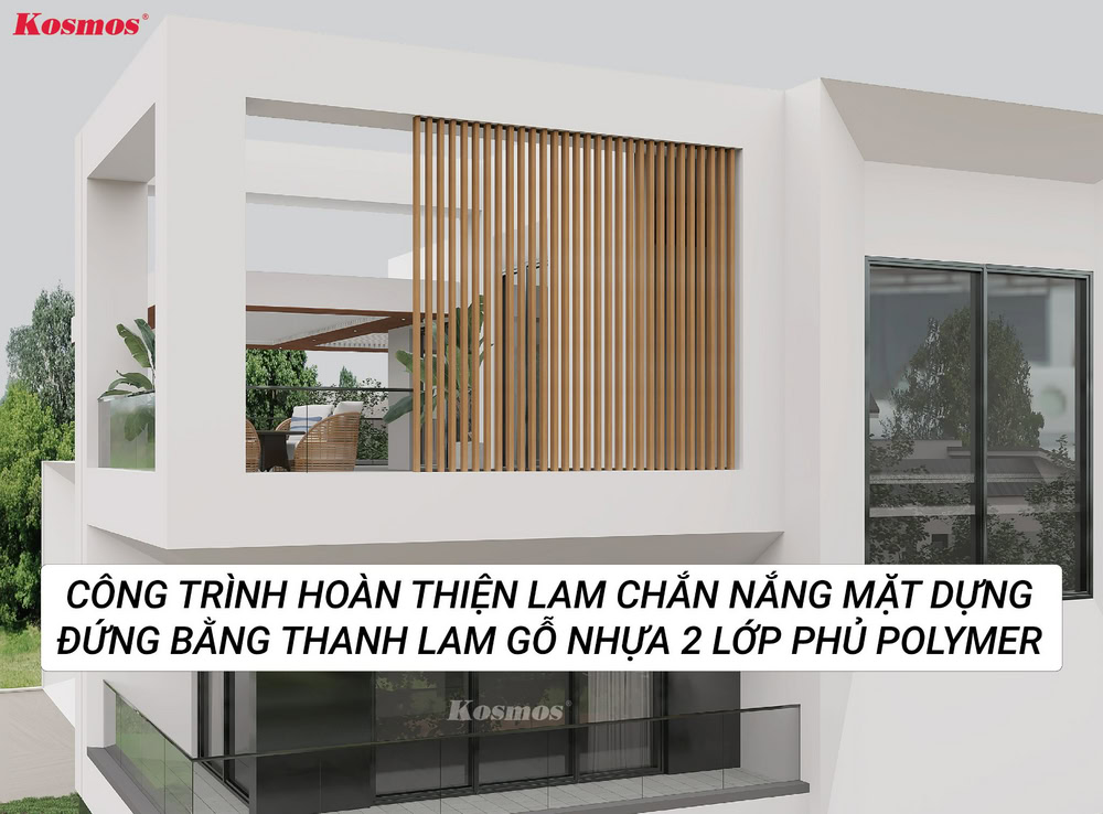 Công trình hoàn thiện lam chắn nắng mặt dựng đứng bằng thanh lam gỗ nhựa Polymer