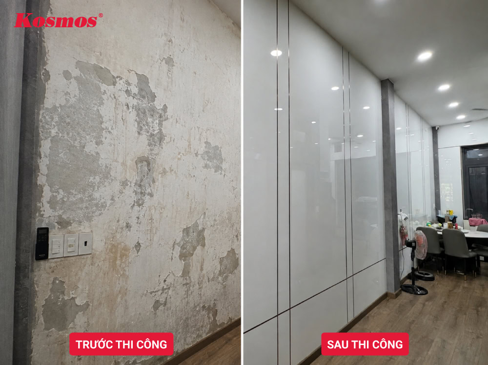 Công trình ốp tấm nhựa trang trí tường sau khi xử lý ẩm mốc tại phường Tân Sơn, tháng 3/2026