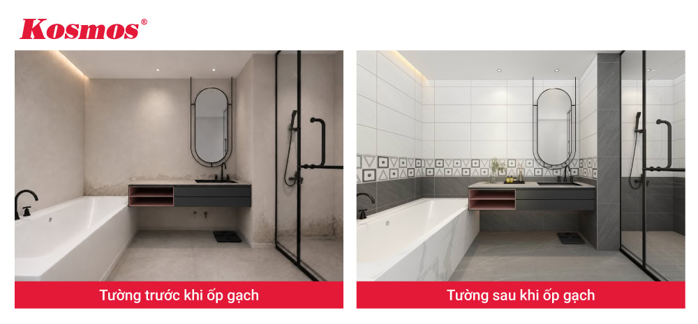 Công trình trước và sau khi ốp gạch men cải tạo tường bị ẩm do hiện tượng mao dẫn vào tháng 8/2025 tại Phường Gò Vấp