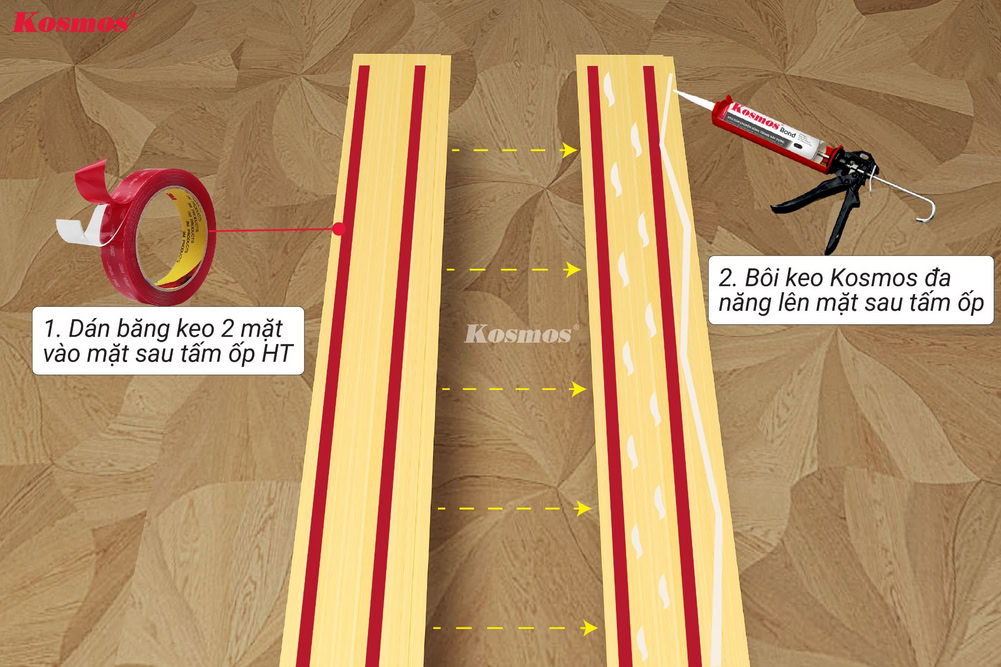 Dán băng keo hai mặt và bơm keo lên mặt sau tấm HT
