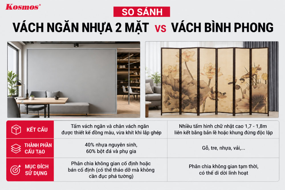 Điểm khác biệt cơ bản giữa vách nhựa 2 mặt và vách bình phong Điểm khác biệt cơ bản giữa vách nhựa 2 mặt và vách bình phong