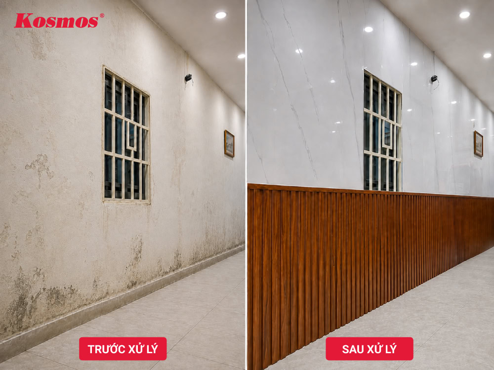 Hình công trình tại phường Phú Thọ Hòa trước và sau khi xử lý ẩm mốc, làm mới bằng tấm ốp nhựa