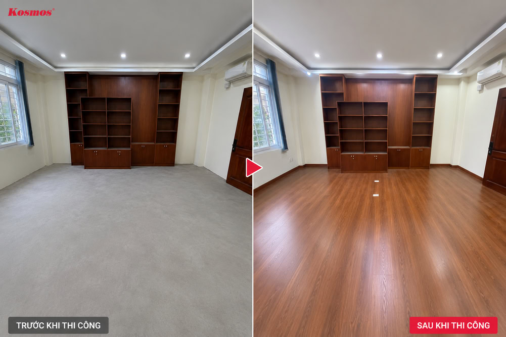 Hình trước và sau khi thi công 20m² sàn gỗ cốt xanh Kosmos