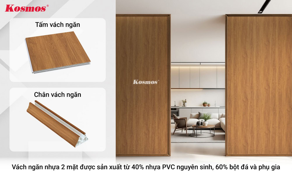 Kết cấu vách nhựa PVC bao gồm chân vách và tấm vách được sản xuất đồng bộ Kết cấu vách nhựa PVC bao gồm chân vách và tấm vách được sản xuất đồng bộ