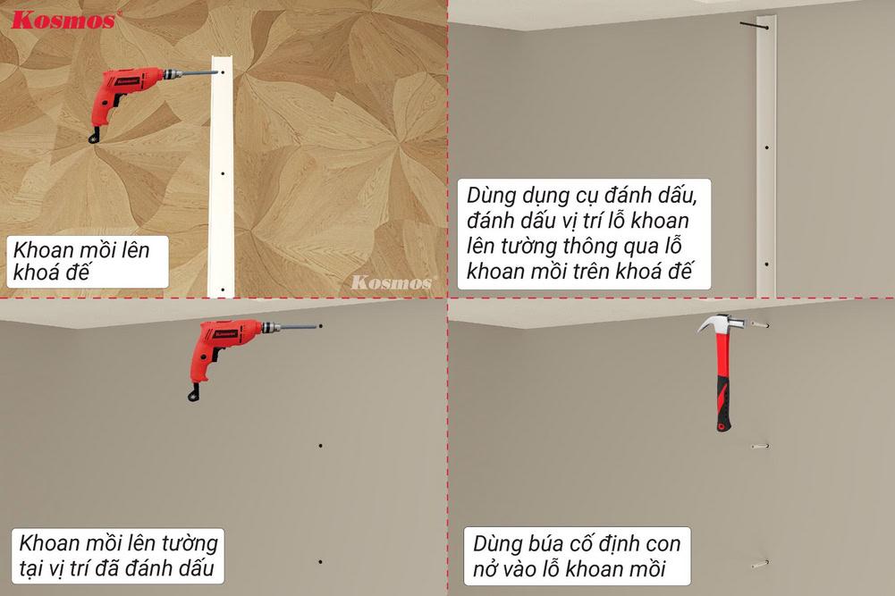 Khoan mồi khóa đế, khoan và đóng con nở nhựa trên tường bê tông