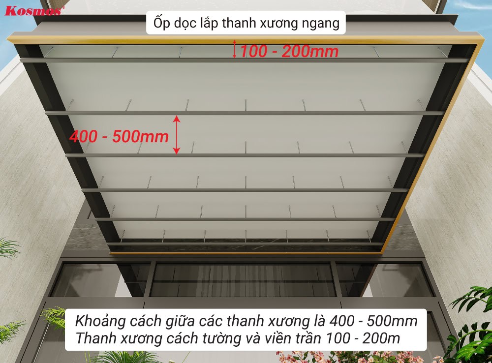 Khung xương trần nhôm lam sóng nổi ốp dọc