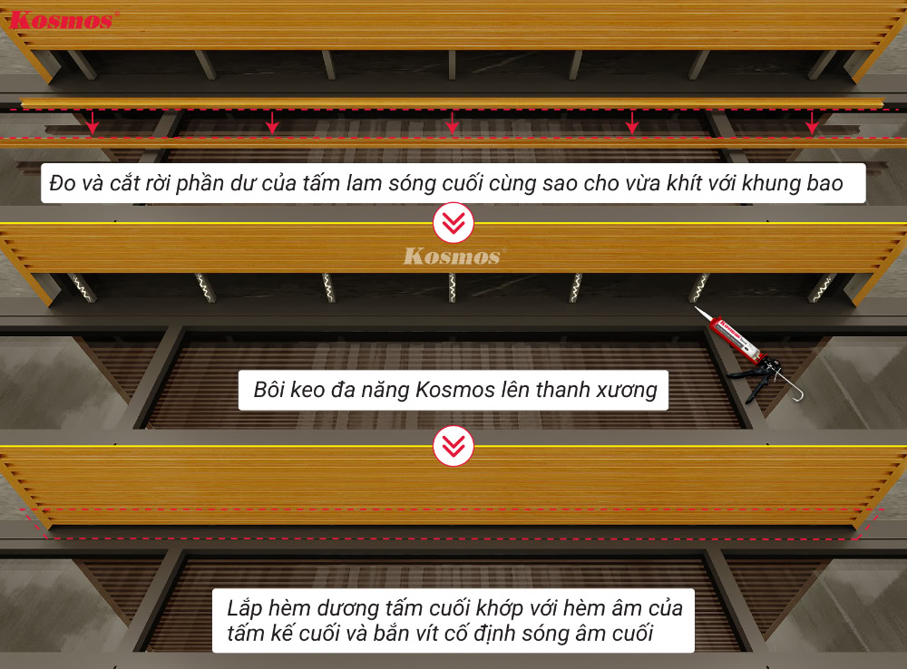 Lắp đặt tấm ốp cuối cùng cho hệ trần ngang Lắp đặt tấm ốp cuối cùng cho hệ trần ngang