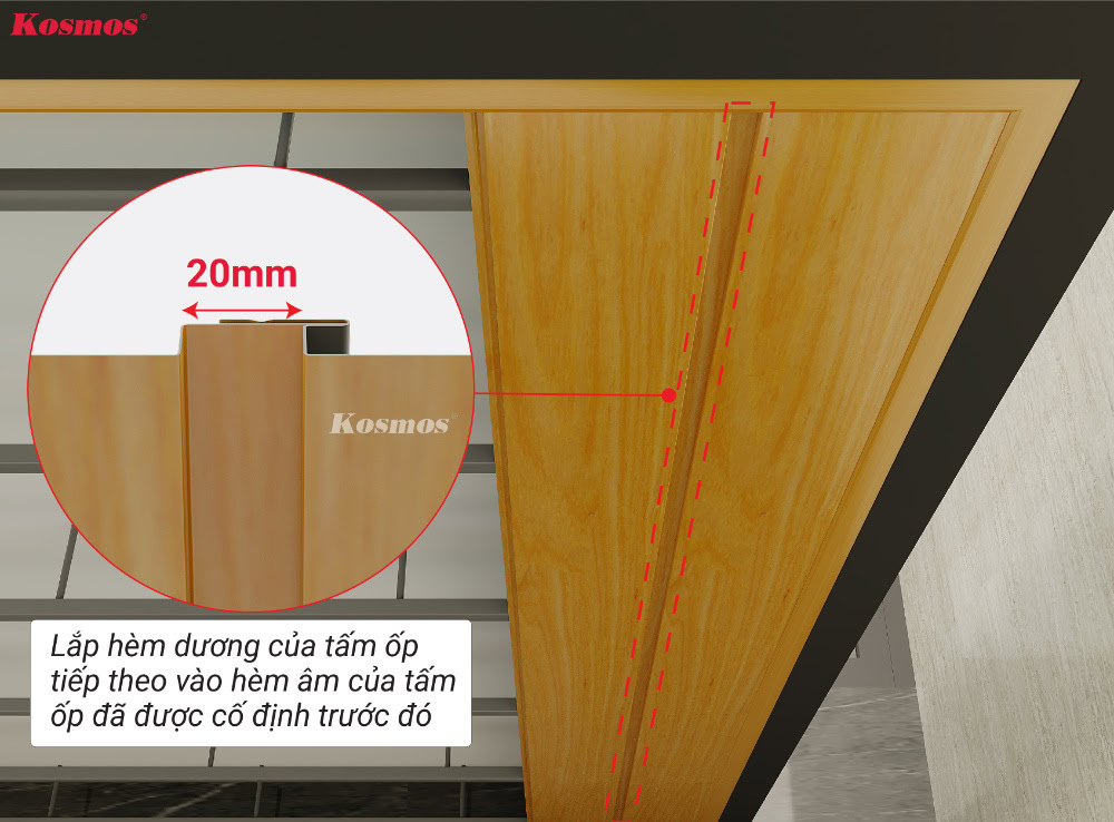 Lắp hèm dương của tấm tiếp theo vào hèm âm của tấm trước đó
