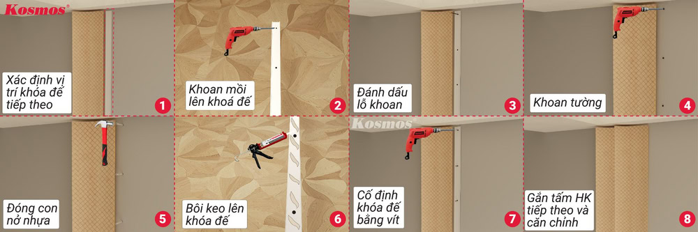 Lắp khóa đế và tấm HK tiếp theo trên tường bê tông