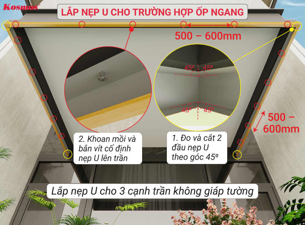 Lắp nẹp U tạo khung bao cho hệ trần nhôm lam sóng nổi ngang, chừa nẹp V cuối Lắp nẹp U tạo khung bao cho hệ trần nhôm lam sóng nổi ngang, chừa nẹp V cuối