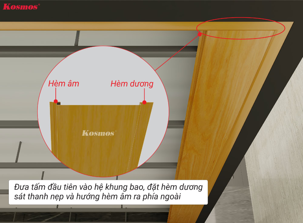 Lắp tấm ốp nhôm phẳng đầu tiên vào hệ khung bao