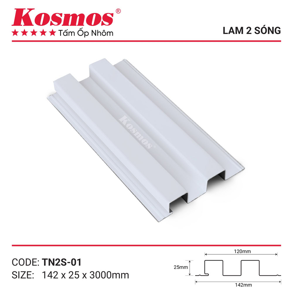 Mẫu mã và mặt cắt tấm ốp lam 2 sóng nhôm sơn lăn TN2S-01 Kosmos Mẫu mã và mặt cắt tấm ốp lam 2 sóng nhôm sơn lăn TN2S-01 Kosmos