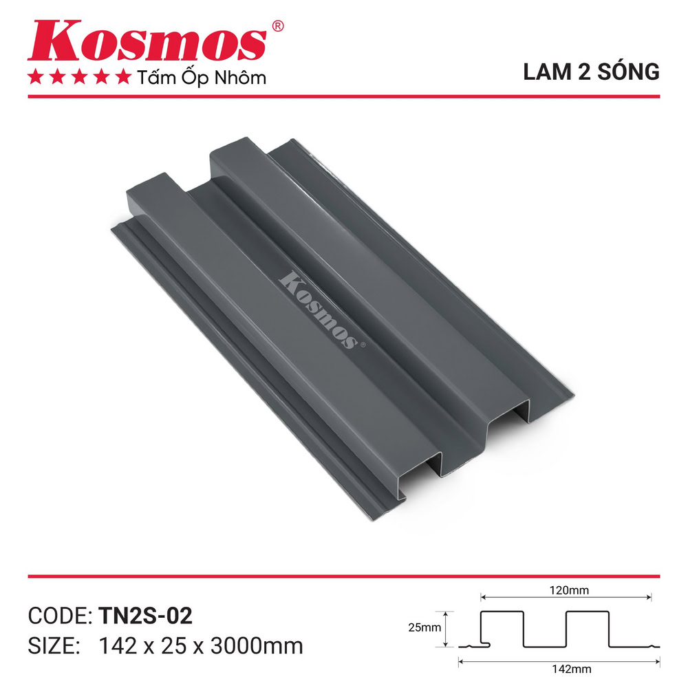 Mẫu mã và mặt cắt tấm ốp lam 2 sóng nhôm sơn lăn TN2S-02 Kosmos