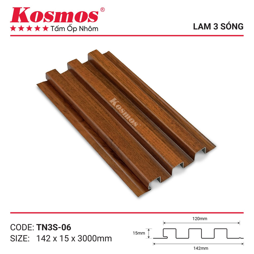Mẫu mã và mặt cắt tấm ốp lam 3 sóng vân gỗ nâu đỏ TN3S-06 Kosmos