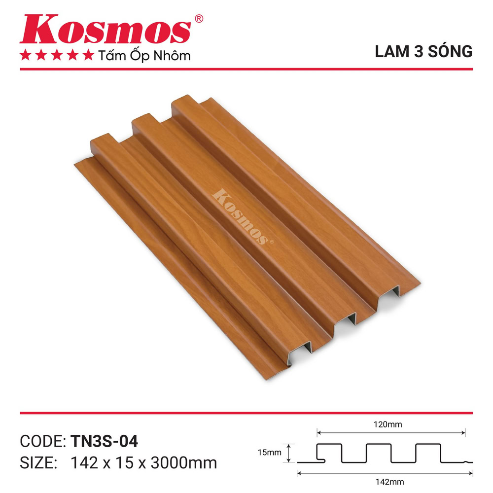 Mẫu mã và mặt cắt tấm ốp lam 3 sóng vân gỗ cam cánh gián TN3S-04 Kosmos Mẫu mã và mặt cắt tấm ốp lam 3 sóng vân gỗ cam cánh gián TN3S-04 Kosmos