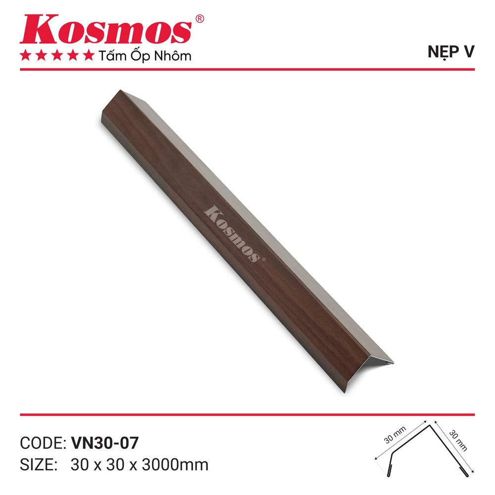 Mẫu nẹp V nhôm sơn lăn vân gỗ nâu đậm VN30-07 Kosmos